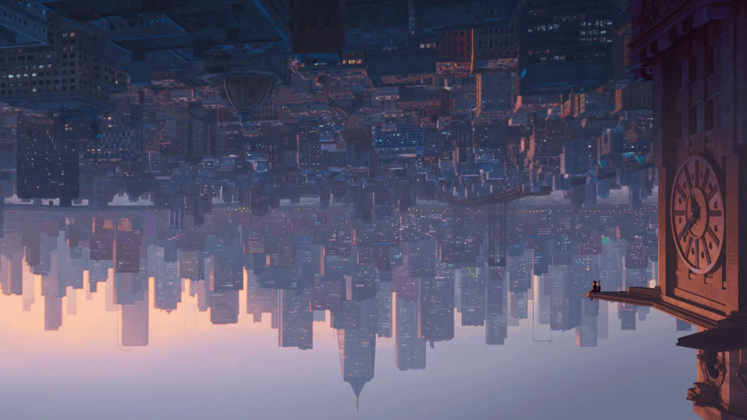 Upside-down Spider-Verse-style shot